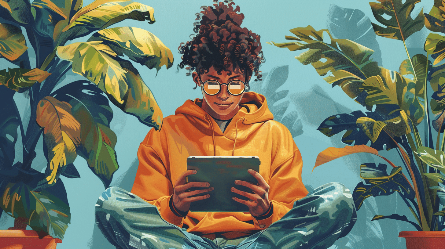 Student making language learning mind maps in library.