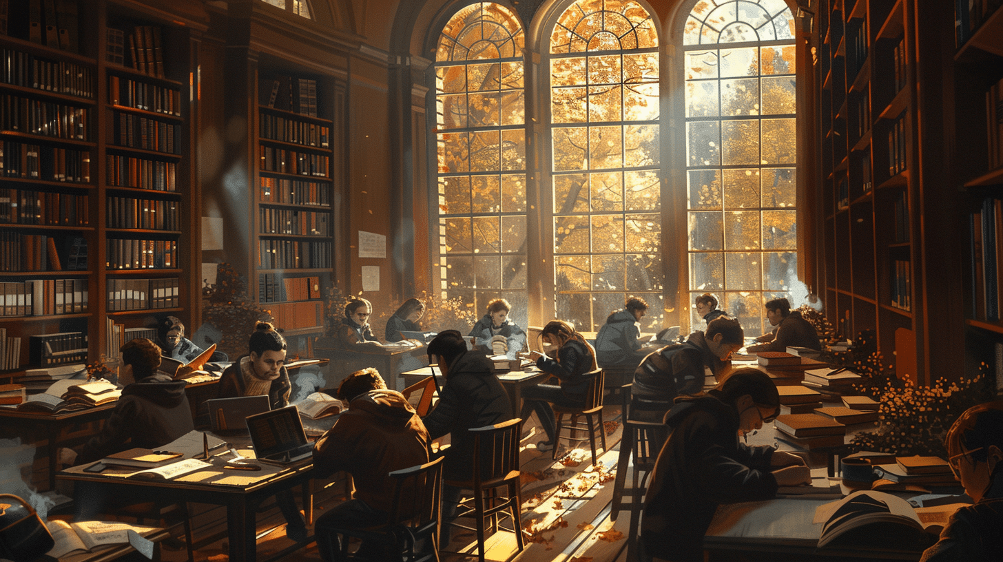 Focused students reading language books at a quiet library table.