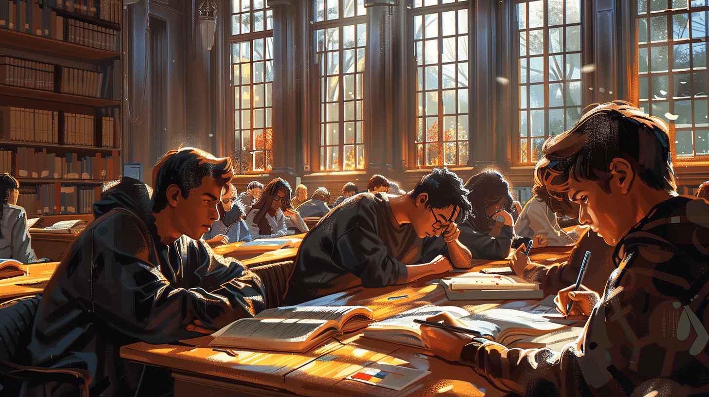 Students writing notes while learning a new language in library.