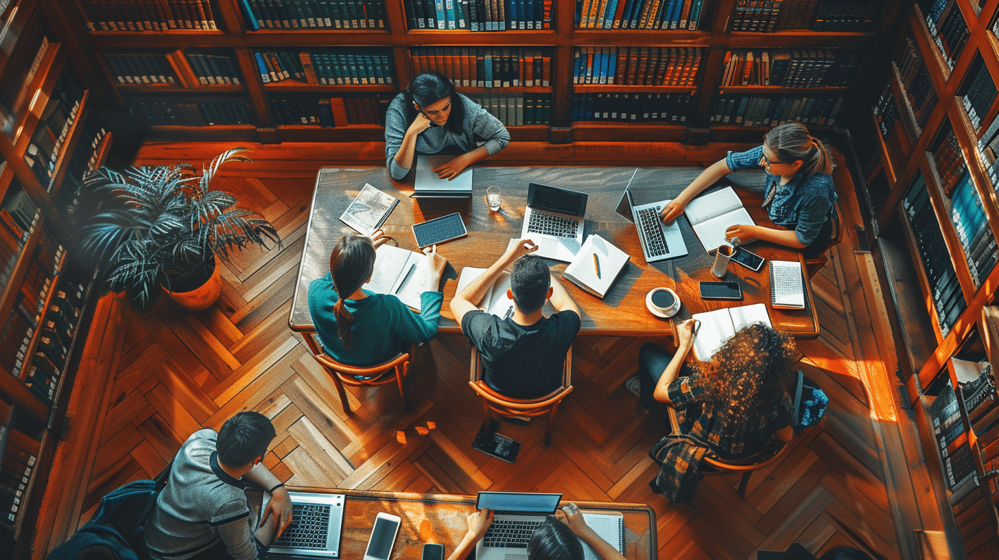 Language notes spread across a library study table.