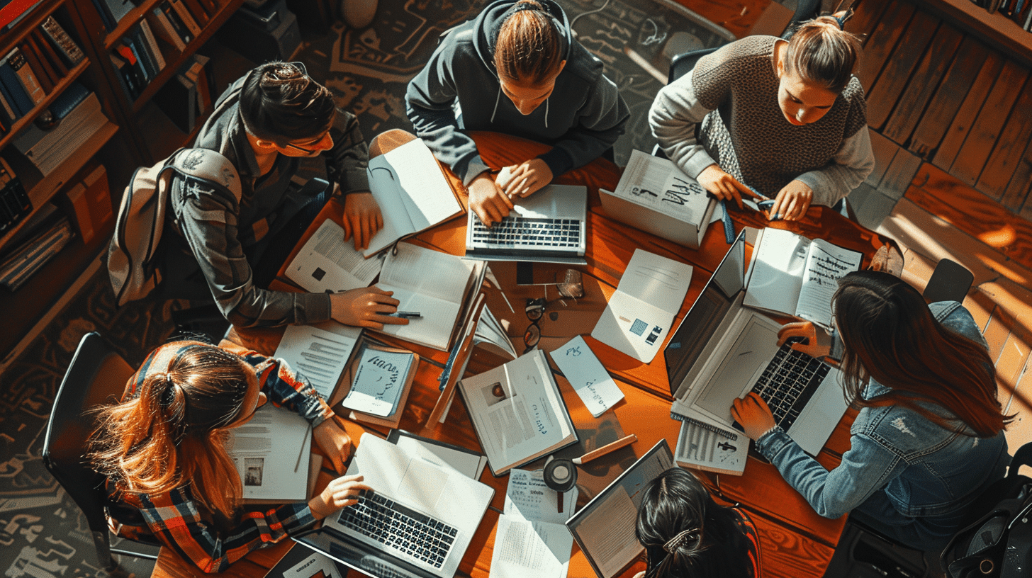 Classmates organizing their notes for an upcoming language test.