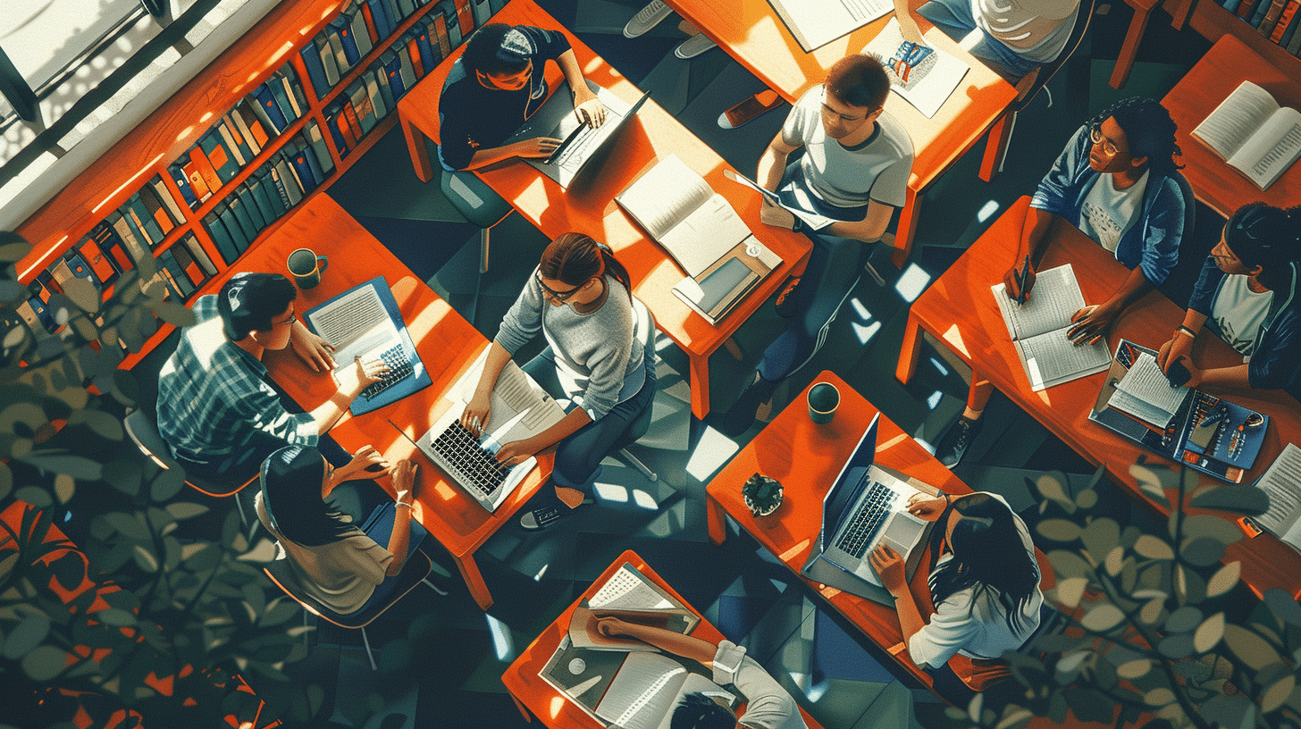 Students reading language textbooks together at the library.